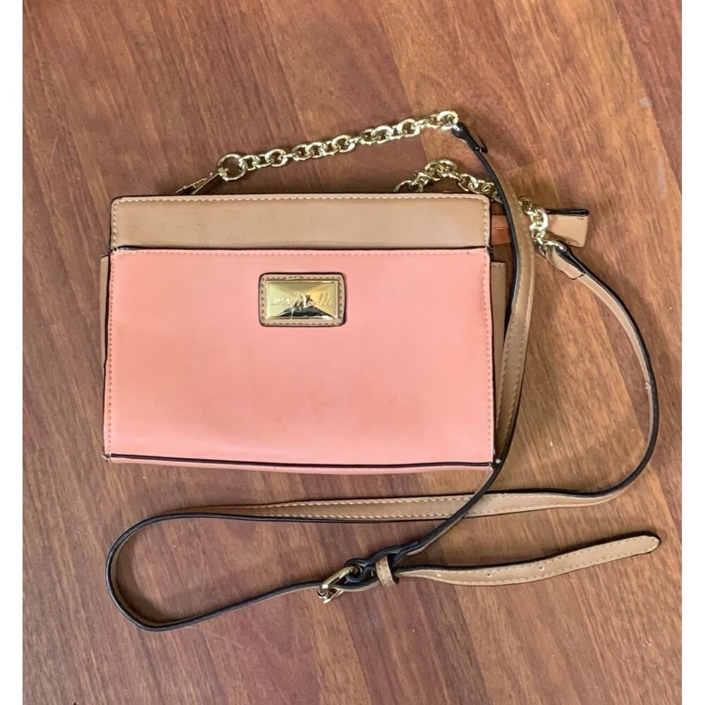 Simply Noelle Small Coral And Tan Leather Crossbody Purse Adjustable Strap